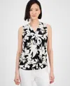 Anne Klein Floral Print Pleat Front Shell In Anne Black White Dove Multi