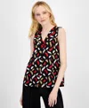 Anne Klein Women's Printed Sleeveless V-neck Shell Top In Anne Black,red Multi