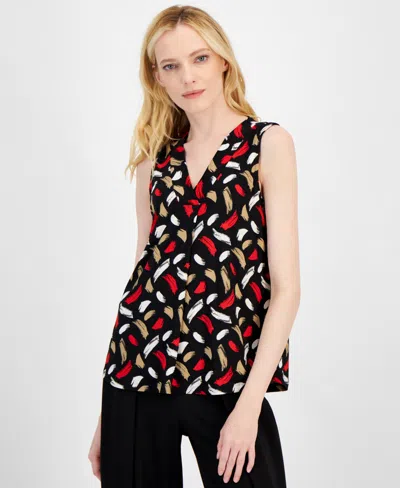 Anne Klein Women's Printed Sleeveless V-neck Shell Top In Anne Black,red Multi