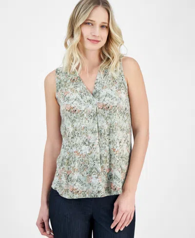 Anne Klein Women's Printed Sleeveless V-neck Shell Top In Soft Aloe Multi