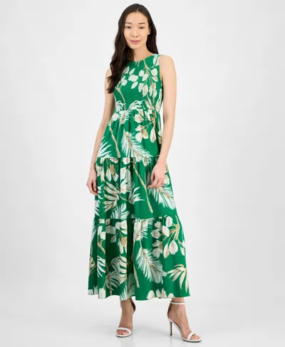 ANNE KLEIN WOMEN'S PRINTED SMOCKED-BODICE TIERED DRESS