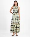 Anne Klein Abstract Print Sleeveless Tiered Maxi Dress In White Dove Multi