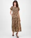 Anne Klein Womens Printed Smocked Puff Sleeve Chiffon Tiered Maxi Dress P Xxs Xxl In Animal Print
