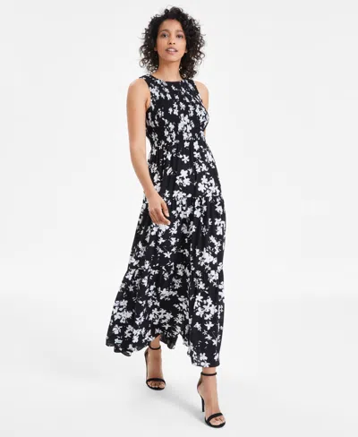 Anne Klein Women's Printed Smocked Tiered Maxi Dress In Black