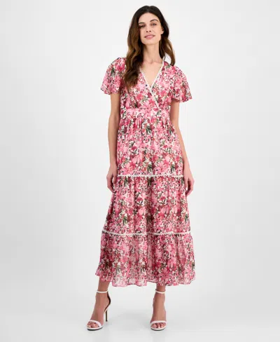 Anne Klein Women's Printed Surplice-neck Flutter-sleeve Dress In Carmine Rose Multi
