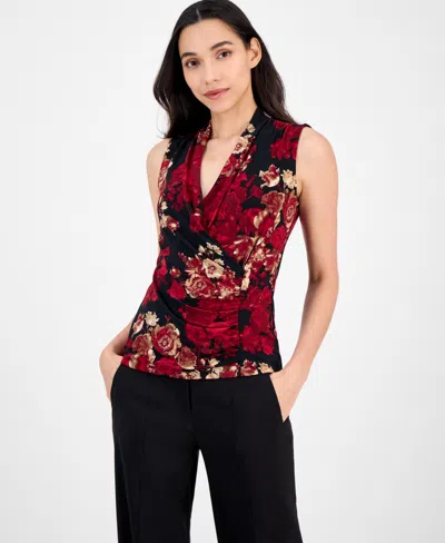 Anne Klein Floral Print Ruched Sleeveless Top In Multi
