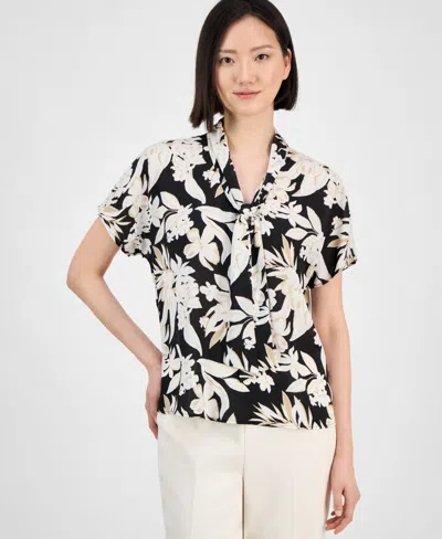 ANNE KLEIN WOMEN'S PRINTED TIE-NECK BLOUSE