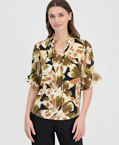 Anne Klein Women's Printed Tie-front 3/4-sleeve Blouse In Multi