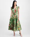 Anne Klein Printed Poplin Drawstring Maxi Dress In Green