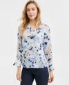 Anne Klein Women's Printed V-neck Split-cuff Blouse In Blue