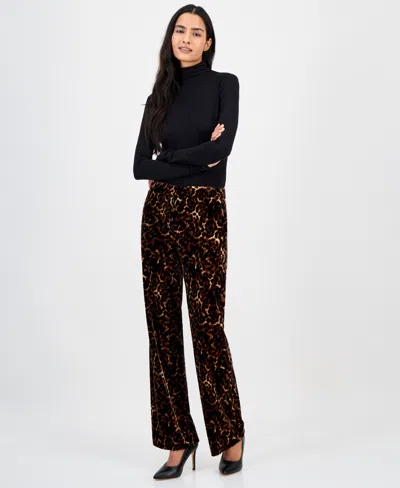 Anne Klein Women's Printed Velvet Flare-leg Pants In Brown