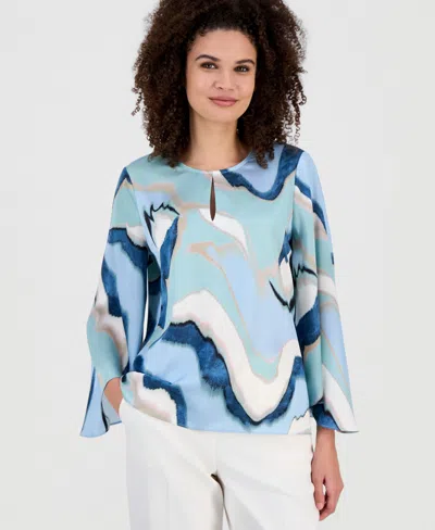 Anne Klein Women's Printed Wide-sleeve Blouse In Blue