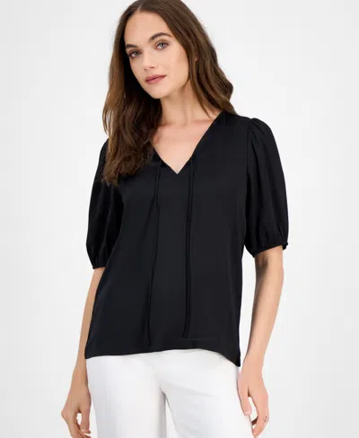 Anne Klein Women's Puff-sleeve V-neck Tie-front Top In Blue