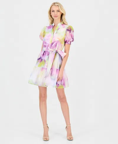 Anne Klein Puff Sleeve Organza Shirtdress In Purple