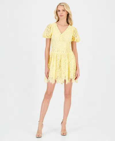 Anne Klein Women's Puff-sleeve Lace Mini Dress In Yellow