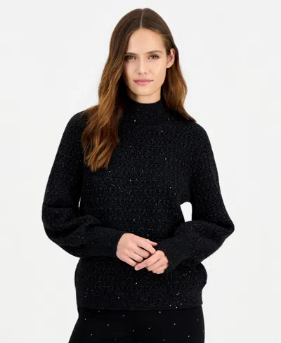 Anne Klein Women's Puff-sleeve Sequin Mockneck Sweater In Black