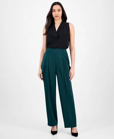 Anne Klein Women's Pull-on High-rise Pleat-front Pants In Green