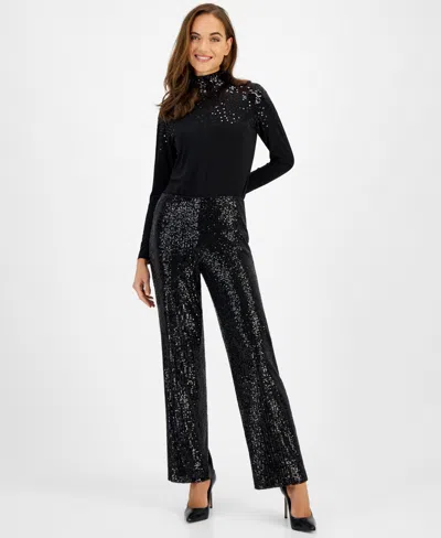 ANNE KLEIN WOMEN'S SEQUIN HIGH-RISE WIDE-LEG PANTS