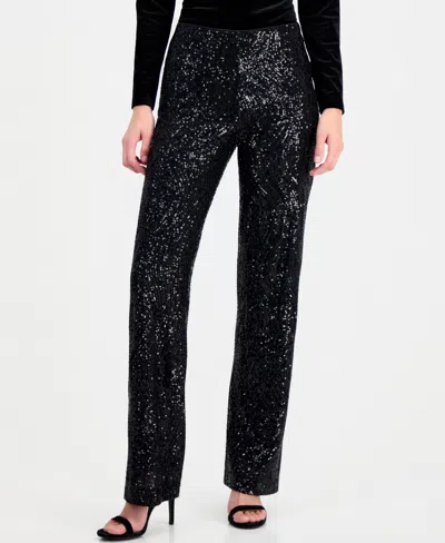 Anne Klein Women's Pull-on High-waisted Wide-leg Sequin Mesh Pants In Black