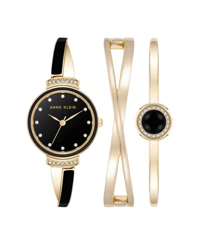 Anne Klein Women's Quartz Black And Gold-tone Metal Alloy Bangle Watch Set, 26mm