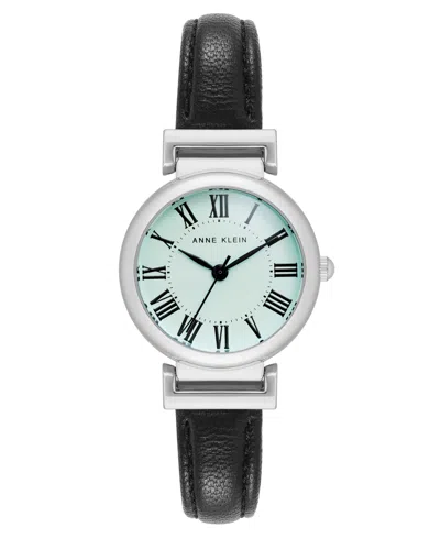 Anne Klein Women's Quartz Black Classic Leather And Silver-tone Alloy Metal Strap Watch, 28mm In Black,aqua,silver-tone