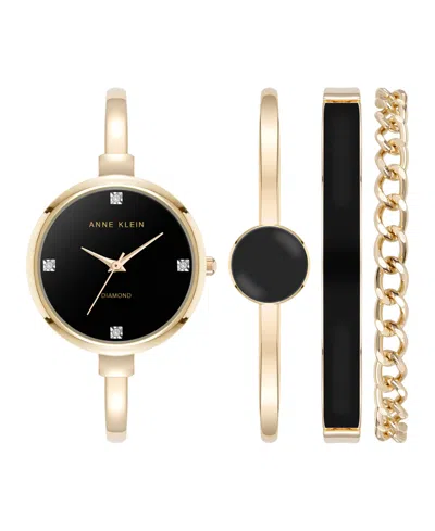 Anne Klein Women's Quartz Black Enamel And Gold-tone Metal Alloy Bangle Watch Set, 32mm In Black,gold-tone