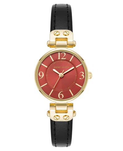 Anne Klein Women's Quartz Black Essential Leather And Gold-tone Alloy Metal Strap Watch, 26mm In Black,red,gold-tone