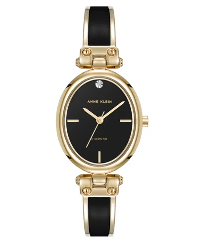 Anne Klein Women's Quartz Black Oval Diamond Accented Gold-tone Alloy Metal Bangle Watch, 26mm In Black,gold-tone