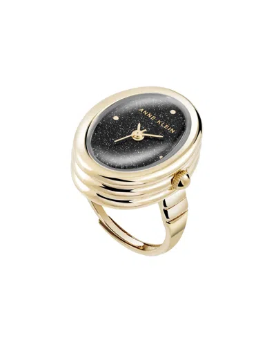 Anne Klein Women's Quartz Black Sandstone Gemstone And Gold-tone Alloy Metal Ring Watch, 17mm In Black,gold-tone