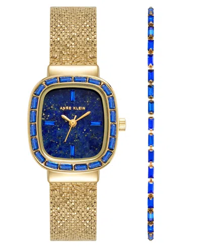Anne Klein Women's Quartz Blue Lapis Dial Barrel-shaped Gold-tone Stainless Steel Mesh Watch Set 22.6mm