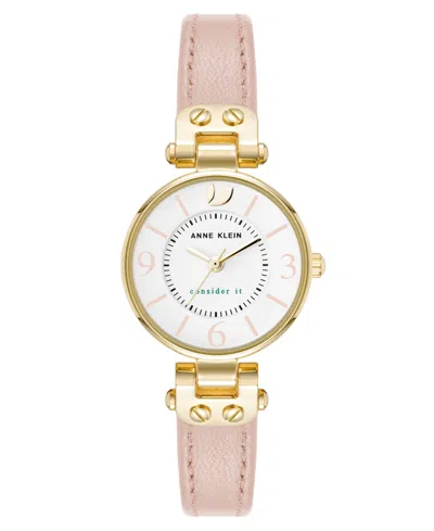 Anne Klein Women's Quartz Blush Pink Leather And Gold-tone Metal Alloy Strap Watch, 26mm In Gold-tone,blush Pink
