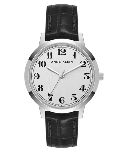 Anne Klein Women's Quartz Casual Black Polyurethane Leather And Silver-tone Metal Alloy Boyfriend Watch, 34mm In Black,silver-tone,gold-tone