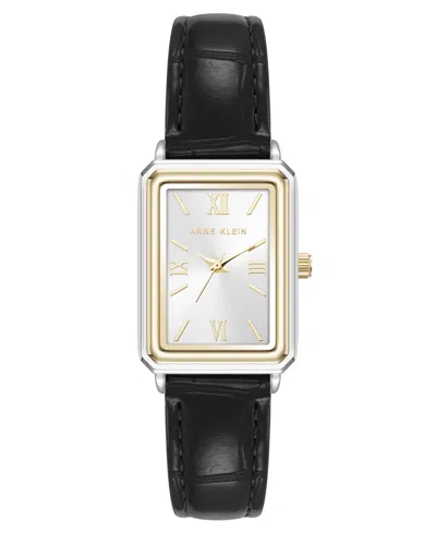 Anne Klein Women's Quartz Casual Black Polyurethane Leather And Two-tone Metal Alloy Watch, 25mm In Gold