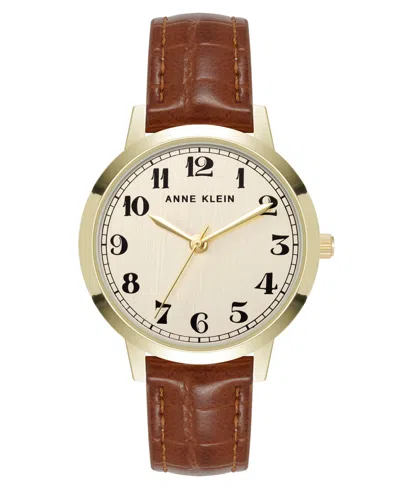 Anne Klein Women's Quartz Casual Brown Polyurethane Leather And Gold-tone Metal Alloy Boyfriend Watch, 34mm In Brown,gold-tone