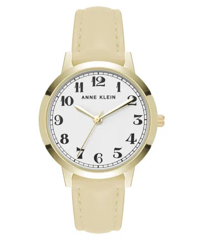 Anne Klein Women's Quartz Casual Cream Polyurethane Leather And Gold-tone Metal Alloy Boyfriend Watch, 34mm In Cream,gold-tone
