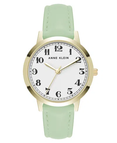 Anne Klein Women's Quartz Casual Mint Polyurethane Leather And Gold-tone Metal Alloy Boyfriend Watch, 34mm In Mint,gold-tone