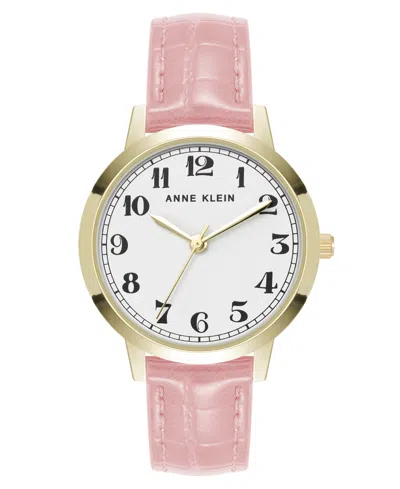 Anne Klein Women's Quartz Casual Pink Polyurethane Leather And Gold-tone Metal Alloy Boyfriend Watch, 34mm In Pink,gold-tone