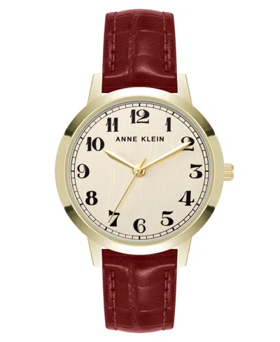 Anne Klein Women's Quartz Casual Red Polyurethane Leather And Gold-tone Metal Alloy Boyfriend Watch, 34mm