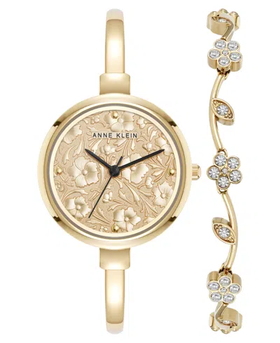 Anne Klein Women's Quartz Charming Floral Gold-tone Metal Alloy Watch Set, 32mm
