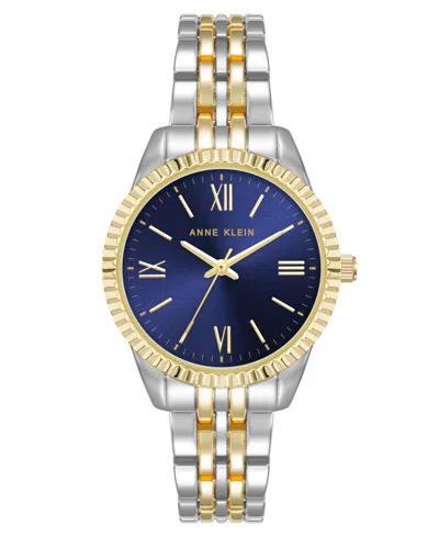Anne Klein Women's Quartz Coin Edge Two-tone Metal Alloy And Navy Dial Watch, 30mm In Navy,silver-tone,gold-tone