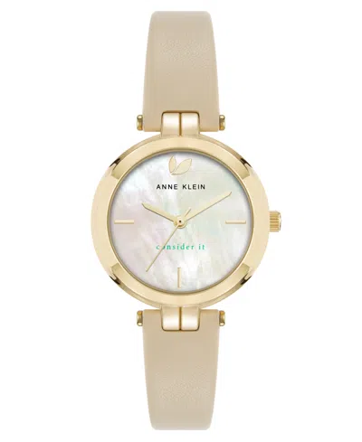 Anne Klein Women's Quartz Consider It Beige Leather And Gold-tone Alloy Metal Band Watch, 32mm In Beige,gold-tone