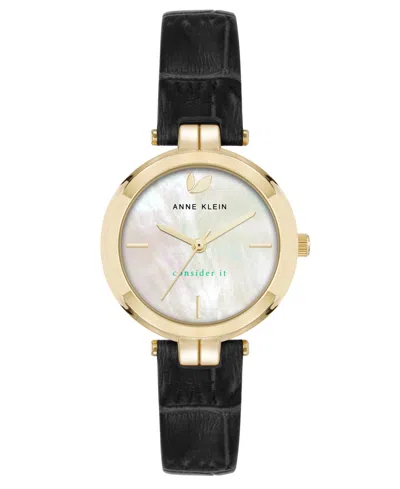 Anne Klein Women's Quartz Consider It Black Leather And Gold-tone Alloy Metal Band Watch, 32mm In Black,gold-tone