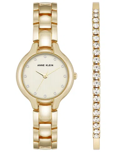 Anne Klein Women's Quartz Crystal Accented Champagne Dial Gold-tone Alloy Metal Watch Set, 28mm