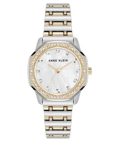 Anne Klein Women's Quartz Crystal Accented Octagonal Two-tone Alloy Metal Bracelet Watch, 32mm In Silver-tone,gold-tone