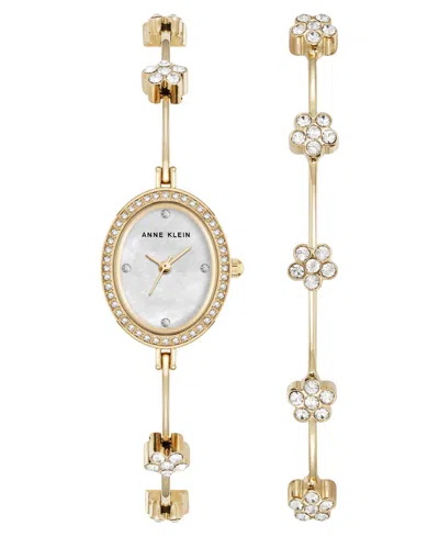 Anne Klein Women's Quartz Delicate Crystal Flower Gold-tone Stainless Steel Bracelet Watch Set, 19mm