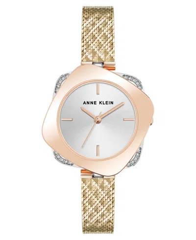 Anne Klein Women's Quartz Elegant Hidden Crystal Tri-tone Stainless Steel Mesh Band Watch, 28mm In Gold-tone,silver-tone,rose Gold-tone