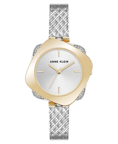 Anne Klein Women's Quartz Elegant Hidden Crystal Two-tone Stainless Steel Mesh Band Watch, 28mm In Silver-tone,gold-tone