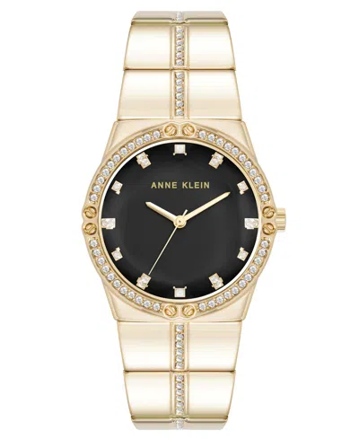 Anne Klein Women's Quartz Faceted Crystal Bezel Gold-tone Alloy Metal Watch, 32mm In Black,gold-tone