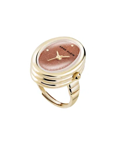 Anne Klein Women's Quartz Gold Sandstone Gemstone And Gold-tone Alloy Metal Ring Watch, 17mm In Red,gold-tone