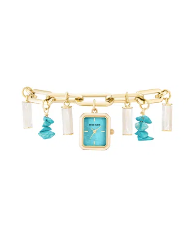 Anne Klein Women's Quartz Gold-tone Alloy Turquoise Charm Bracelet Watch, 18mm In No Color